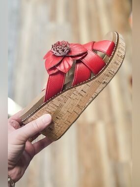 Corkys Footwear Heartbreaker Red Floral Embellishment Criss Cross Slide Wedge